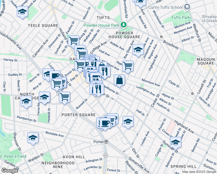 map of restaurants, bars, coffee shops, grocery stores, and more near 378 Highland Avenue in Somerville