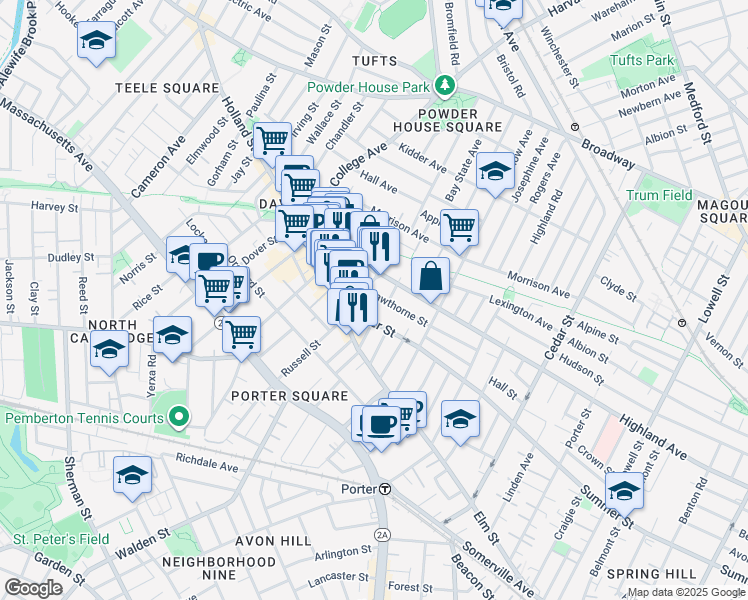 map of restaurants, bars, coffee shops, grocery stores, and more near 378 Highland Avenue in Somerville