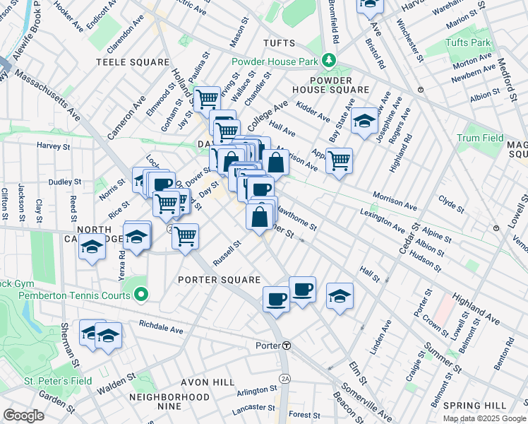 map of restaurants, bars, coffee shops, grocery stores, and more near 217 Elm Street in Somerville