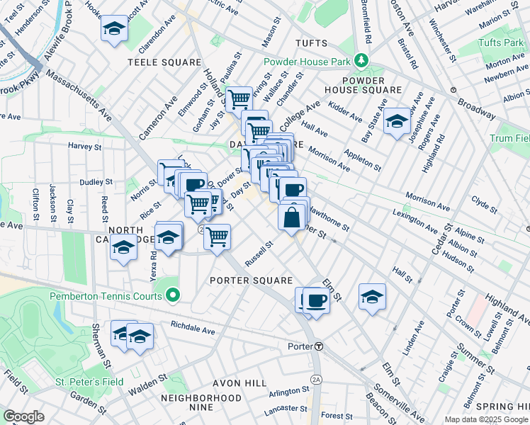 map of restaurants, bars, coffee shops, grocery stores, and more near in Somerville
