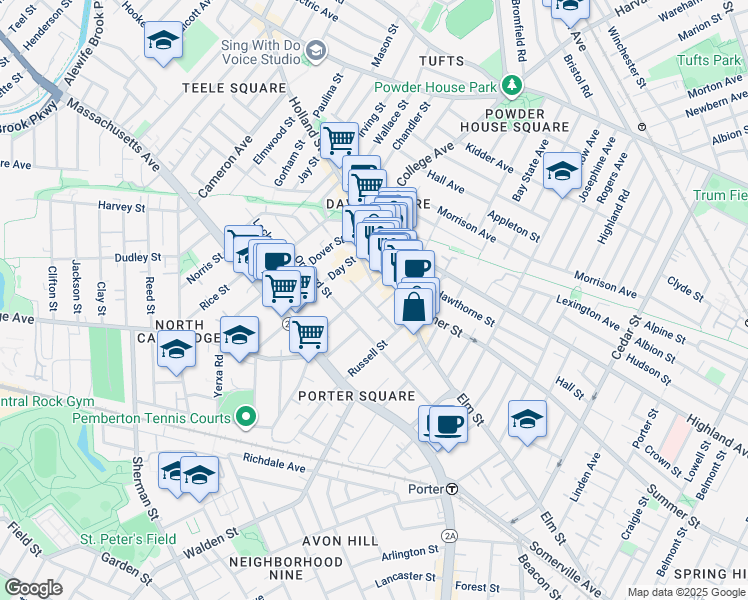 map of restaurants, bars, coffee shops, grocery stores, and more near in Somerville