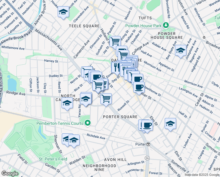 map of restaurants, bars, coffee shops, grocery stores, and more near 123 Orchard Street in Somerville