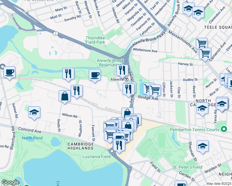 map of restaurants, bars, coffee shops, grocery stores, and more near 54 Cambridgepark Drive in Cambridge