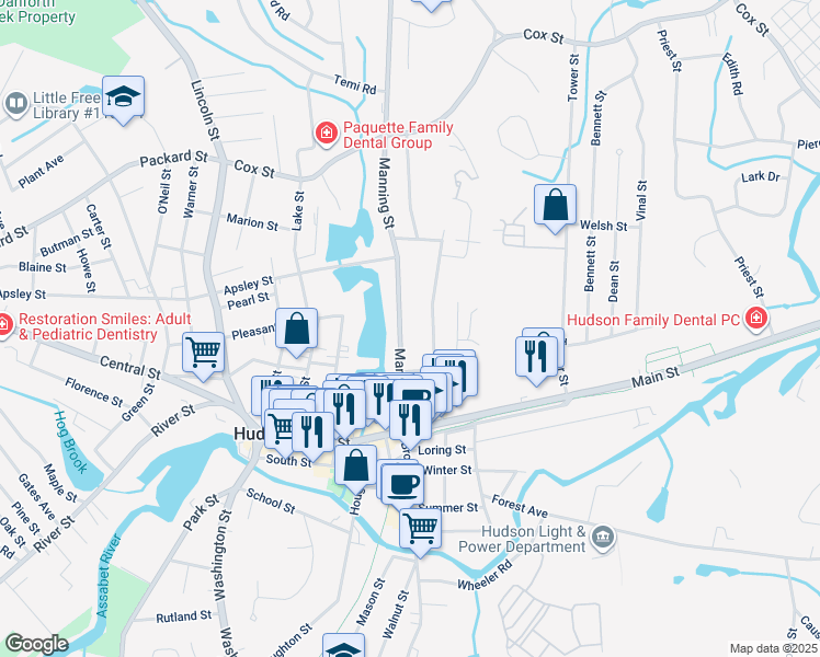 map of restaurants, bars, coffee shops, grocery stores, and more near 42 High Street in Hudson