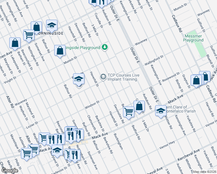 map of restaurants, bars, coffee shops, grocery stores, and more near 3961 Bedford Street in Detroit