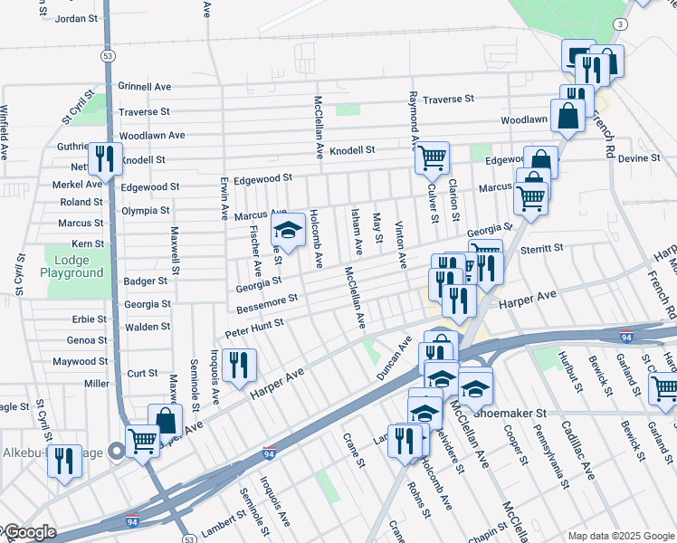 map of restaurants, bars, coffee shops, grocery stores, and more near 9300 Georgia Street in Detroit