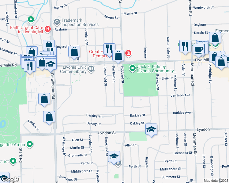 map of restaurants, bars, coffee shops, grocery stores, and more near 14909 Fairfield Street in Livonia