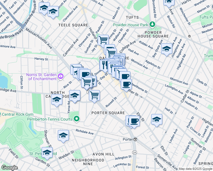 map of restaurants, bars, coffee shops, grocery stores, and more near 33 Chester Street in Somerville