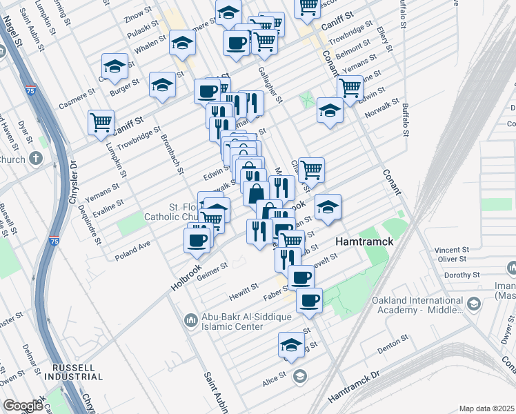 map of restaurants, bars, coffee shops, grocery stores, and more near 9401 Joseph Campau Avenue in Hamtramck