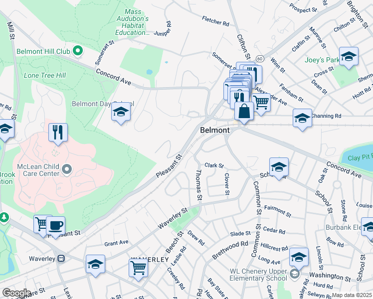 map of restaurants, bars, coffee shops, grocery stores, and more near 800A Pleasant Street in Belmont