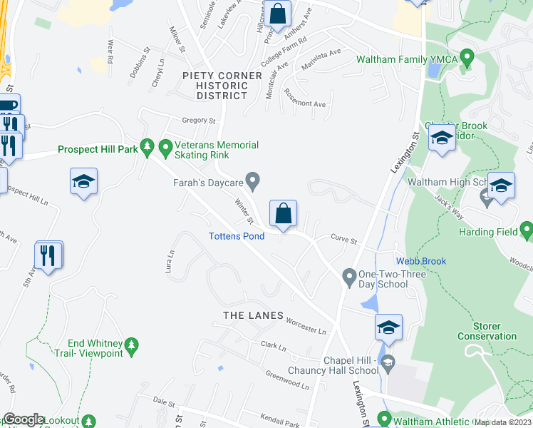 map of restaurants, bars, coffee shops, grocery stores, and more near 131 Lincoln Street in Waltham
