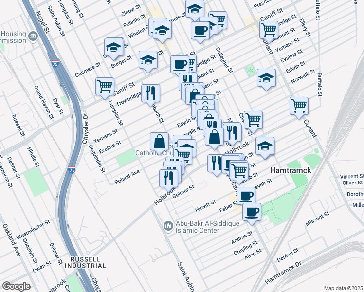 map of restaurants, bars, coffee shops, grocery stores, and more near 2609 Poland Street in Hamtramck