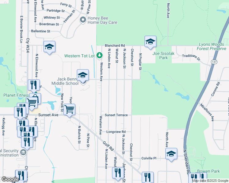 map of restaurants, bars, coffee shops, grocery stores, and more near 2314 Walnut Street in Waukegan