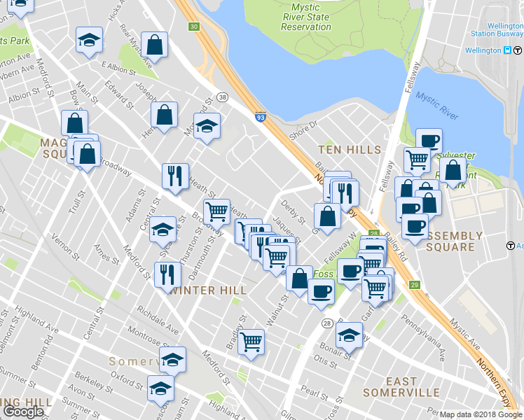 map of restaurants, bars, coffee shops, grocery stores, and more near 66 Jaques Street in Somerville