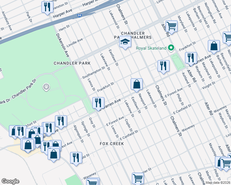 map of restaurants, bars, coffee shops, grocery stores, and more near 5050 Coplin Street in Detroit