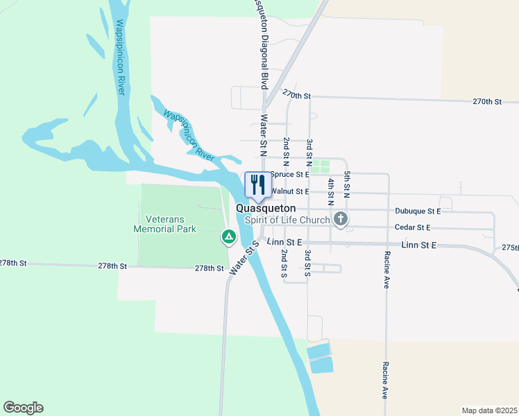 map of restaurants, bars, coffee shops, grocery stores, and more near 101 Water Street South in Quasqueton