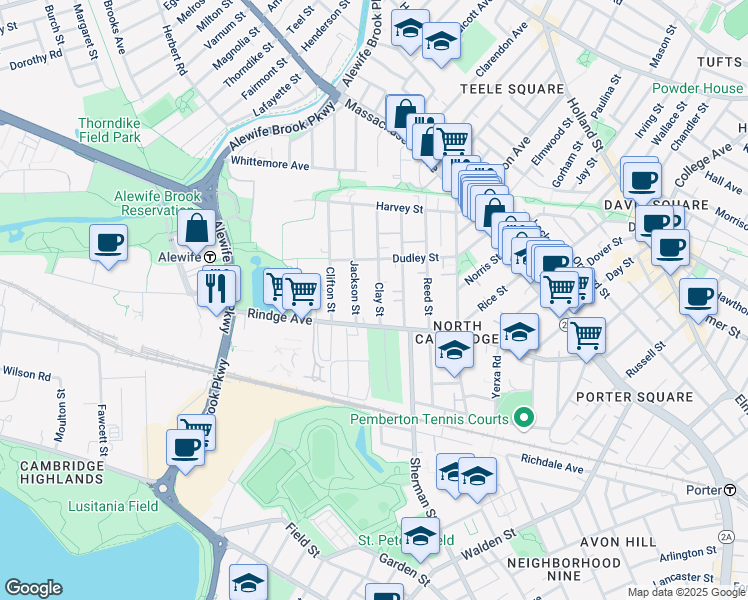map of restaurants, bars, coffee shops, grocery stores, and more near 28 Clay Street in Cambridge