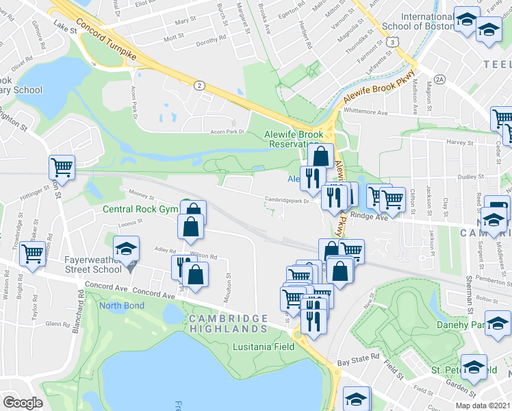map of restaurants, bars, coffee shops, grocery stores, and more near 150 Cambridge Park Drive in Cambridge