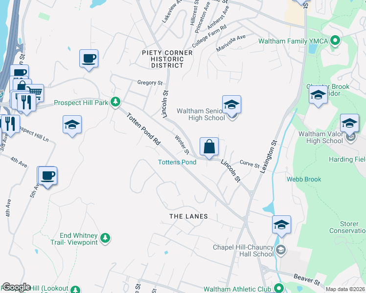 map of restaurants, bars, coffee shops, grocery stores, and more near 0 Waltham Street in Lexington