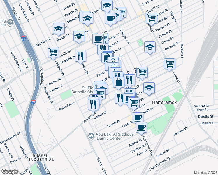 map of restaurants, bars, coffee shops, grocery stores, and more near 2726 Poland Street in Hamtramck