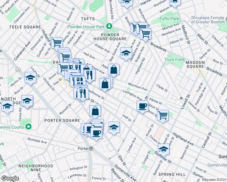 map of restaurants, bars, coffee shops, grocery stores, and more near 14 Henry Avenue in Somerville