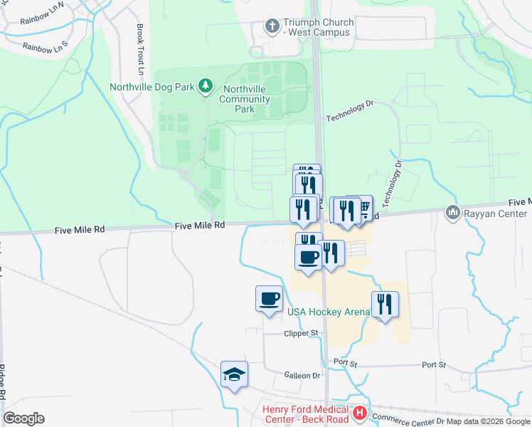 map of restaurants, bars, coffee shops, grocery stores, and more near 47717 Fieldstone Drive in Northville