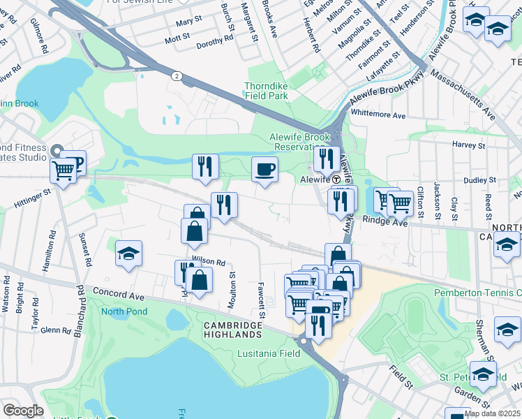 map of restaurants, bars, coffee shops, grocery stores, and more near 150 Cambridgepark Drive in Cambridge