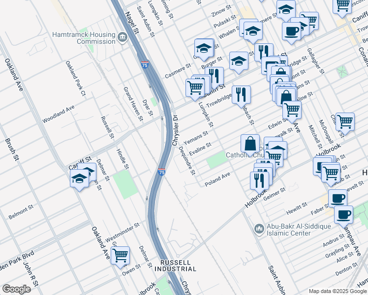 map of restaurants, bars, coffee shops, grocery stores, and more near 9836 Dequindre Street in Hamtramck
