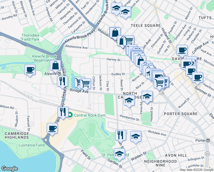 map of restaurants, bars, coffee shops, grocery stores, and more near 34 Clay Street in Cambridge