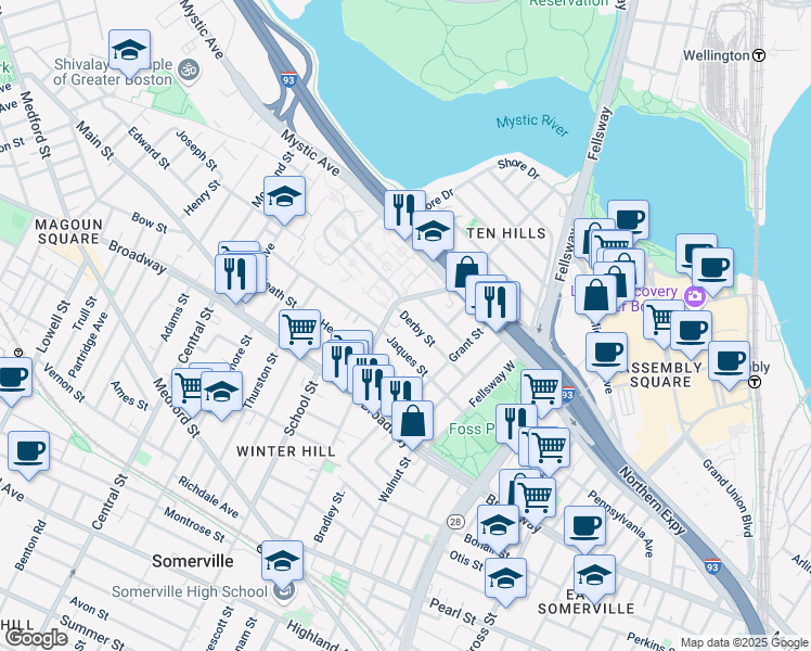 map of restaurants, bars, coffee shops, grocery stores, and more near 64 Derby Street in Somerville