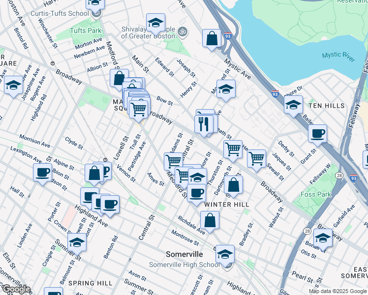 map of restaurants, bars, coffee shops, grocery stores, and more near 184 Central Street in Somerville