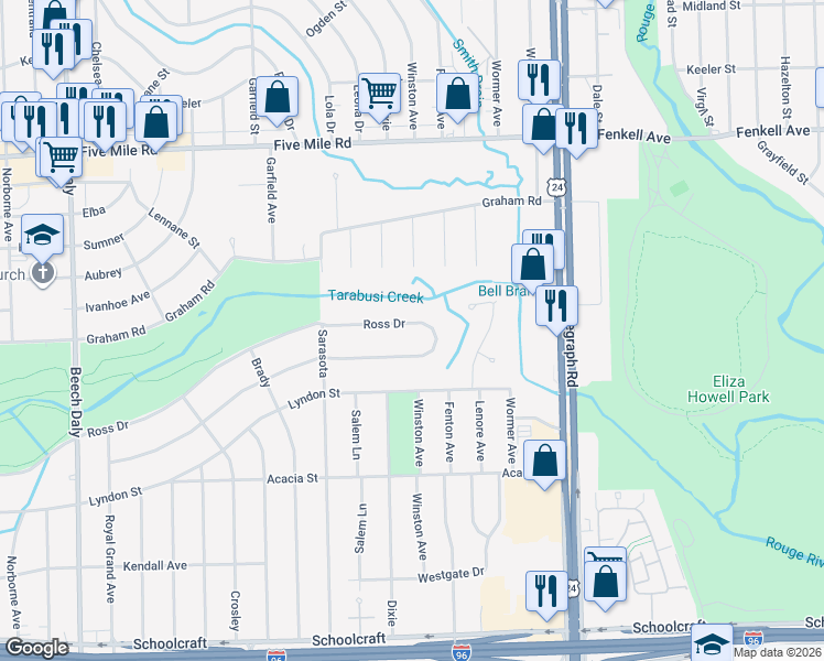 map of restaurants, bars, coffee shops, grocery stores, and more near 24571 Ross Drive in Redford Charter Township