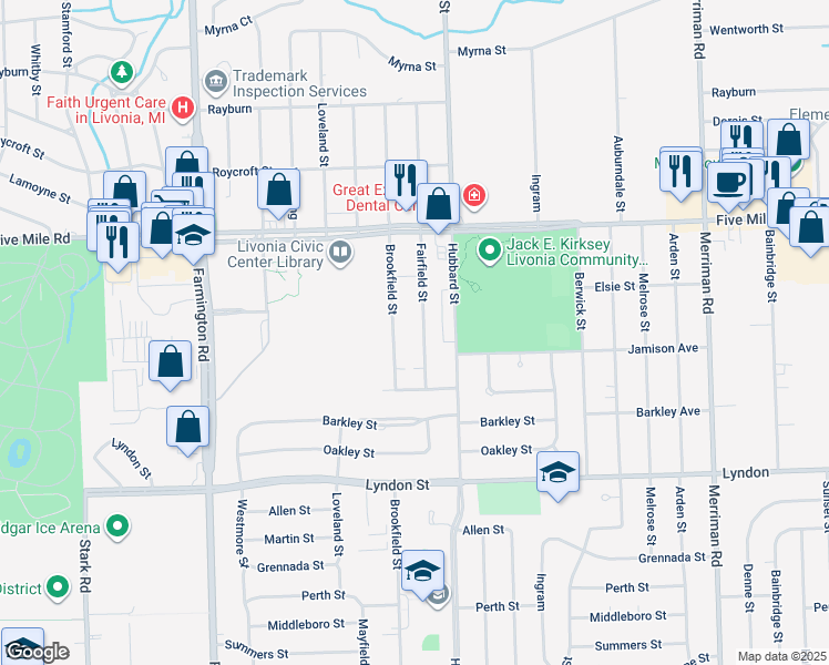 map of restaurants, bars, coffee shops, grocery stores, and more near 14909 Fairfield Street in Livonia