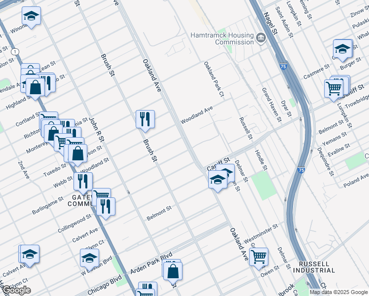 map of restaurants, bars, coffee shops, grocery stores, and more near 641 Rosedale Court in Detroit