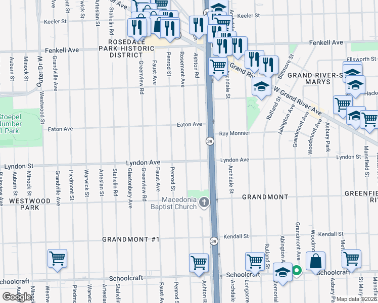 map of restaurants, bars, coffee shops, grocery stores, and more near 14534 Rosemont Avenue in Detroit