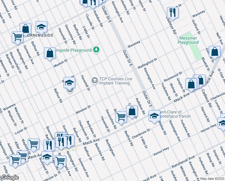 map of restaurants, bars, coffee shops, grocery stores, and more near 3927 3 Mile Drive in Detroit