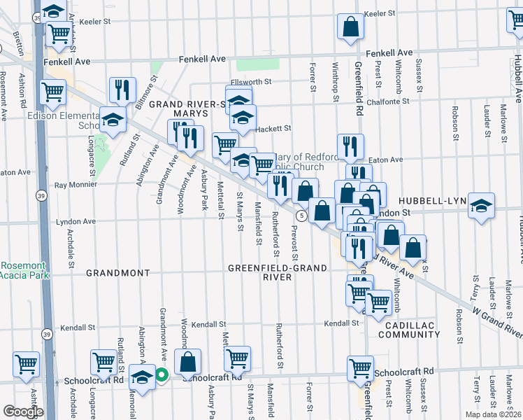 map of restaurants, bars, coffee shops, grocery stores, and more near 14512 Mansfield Street in Detroit
