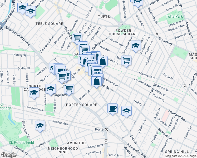 map of restaurants, bars, coffee shops, grocery stores, and more near 217 Elm Street in Somerville