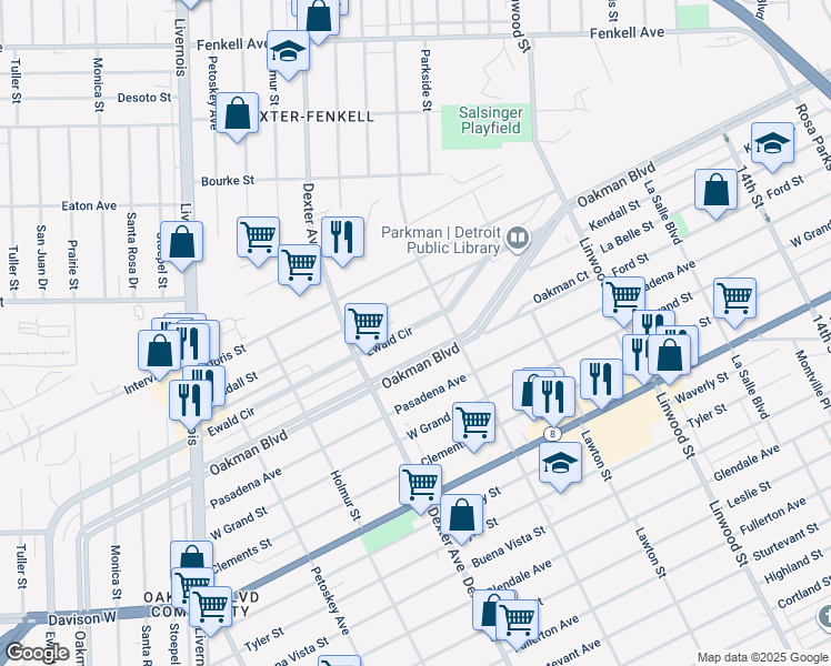 map of restaurants, bars, coffee shops, grocery stores, and more near 2045 Ewald Circle in Detroit