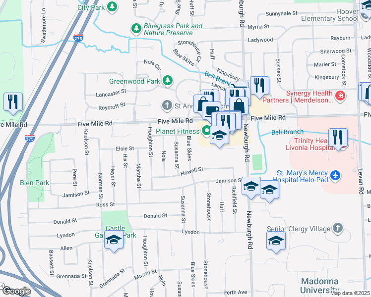 map of restaurants, bars, coffee shops, grocery stores, and more near 15129 Blue Skies Street in Livonia