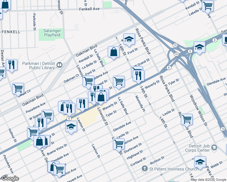 map of restaurants, bars, coffee shops, grocery stores, and more near 13527 La Salle Boulevard in Detroit