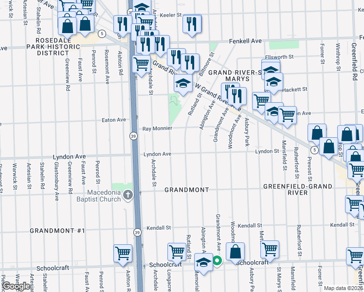 map of restaurants, bars, coffee shops, grocery stores, and more near 14529 Rutland Street in Detroit