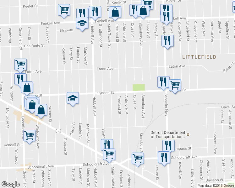 map of restaurants, bars, coffee shops, grocery stores, and more near 14441 Freeland St in Detroit