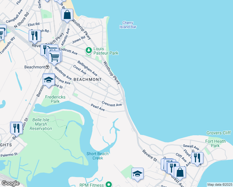 map of restaurants, bars, coffee shops, grocery stores, and more near 270 Bradstreet Avenue in Revere