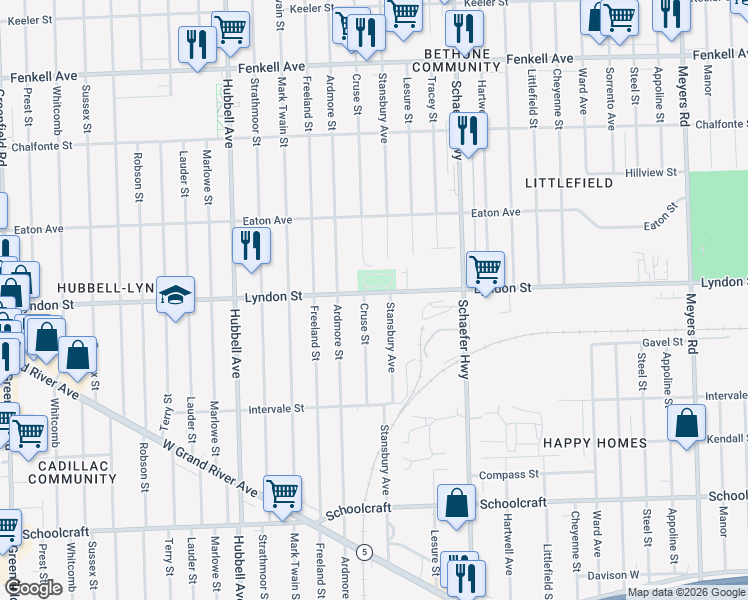 map of restaurants, bars, coffee shops, grocery stores, and more near 14436 Cruse St in Detroit