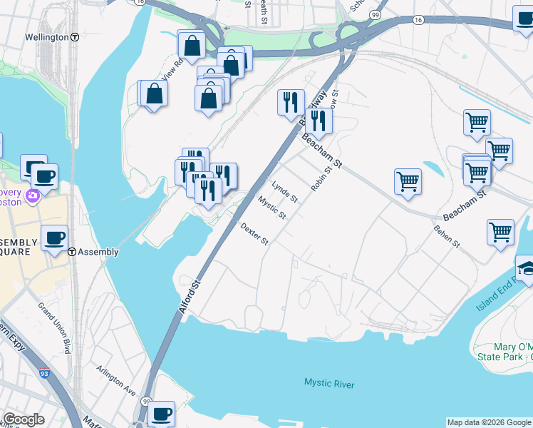map of restaurants, bars, coffee shops, grocery stores, and more near 2 Thompson Place in Everett