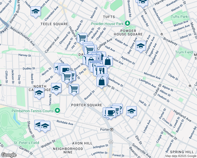 map of restaurants, bars, coffee shops, grocery stores, and more near 217 Elm Street in Somerville