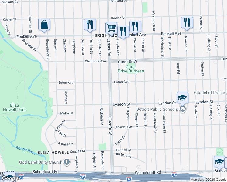 map of restaurants, bars, coffee shops, grocery stores, and more near 11771 Outer Drive West in Detroit