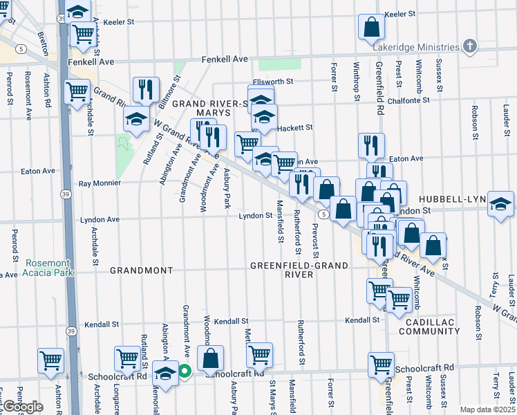map of restaurants, bars, coffee shops, grocery stores, and more near 14521 Saint Marys Street in Detroit