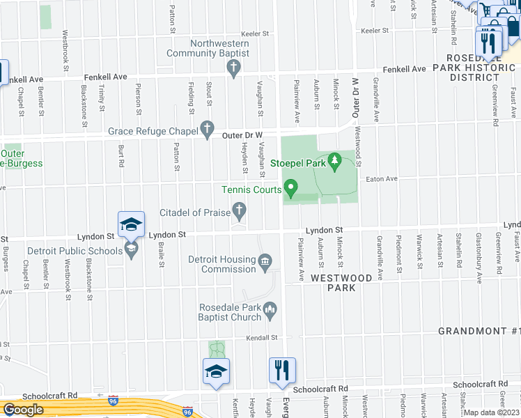 map of restaurants, bars, coffee shops, grocery stores, and more near 14565 Vaughan Street in Detroit